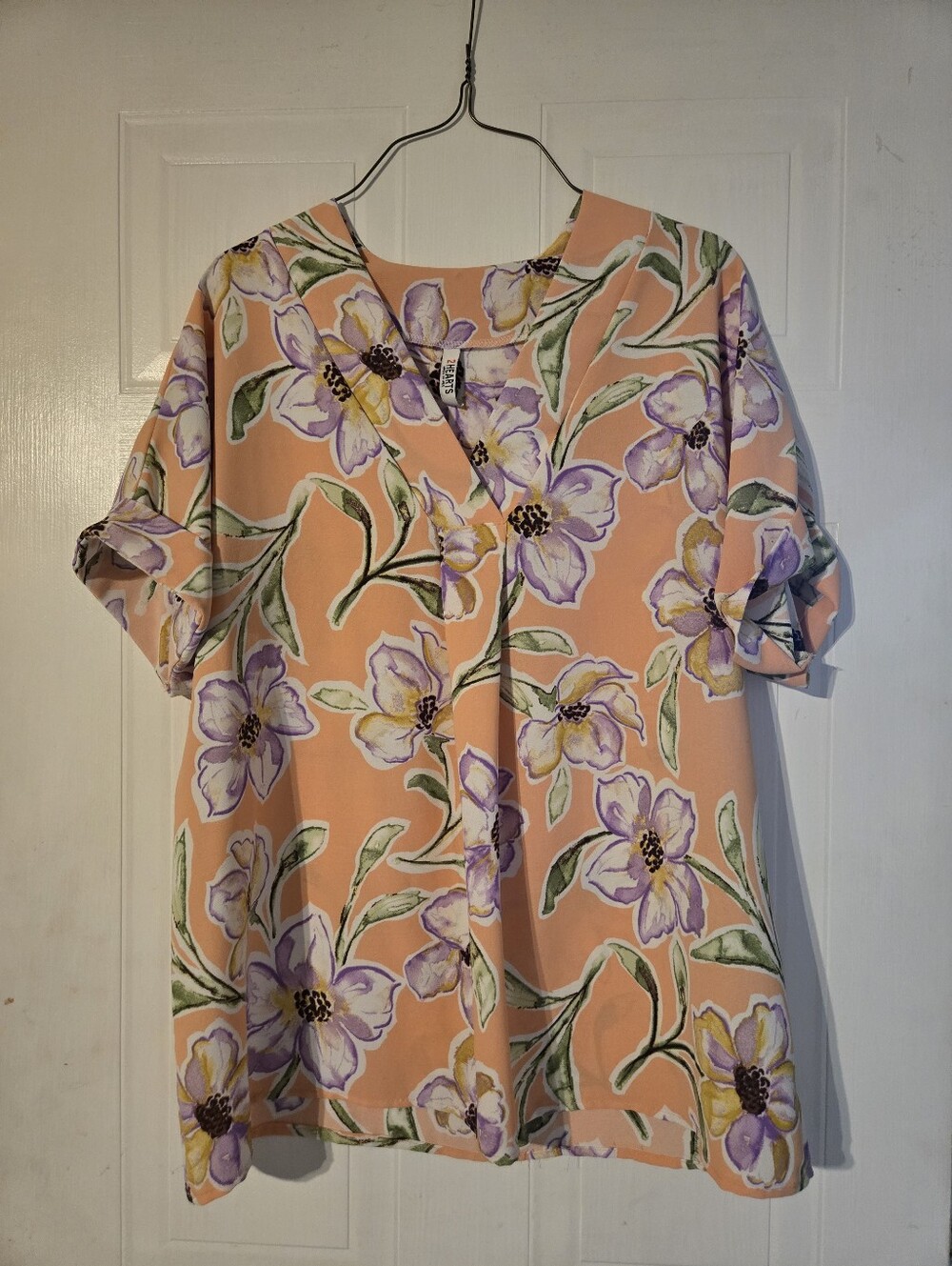 Peach Floral Short-Sleeve V-Neck Blouse